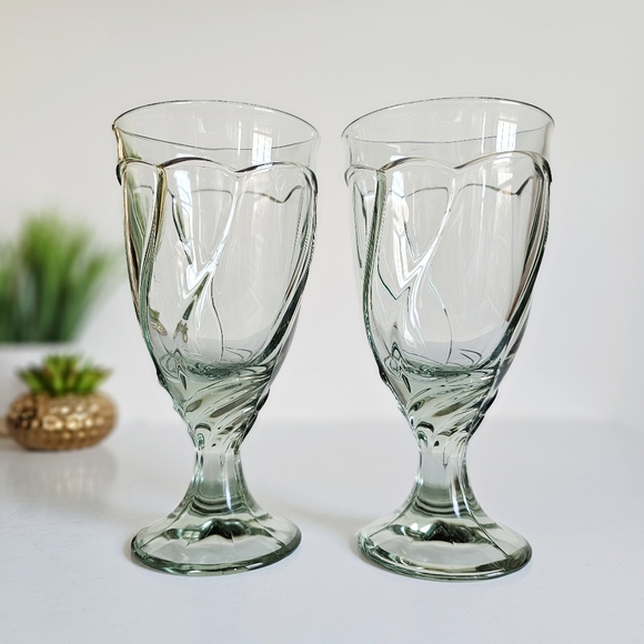 Vintage Set of 2 Noritake Sweet Swirl Clear Green Water Goblets Iced Tea Glasses - Picture 6 of 9